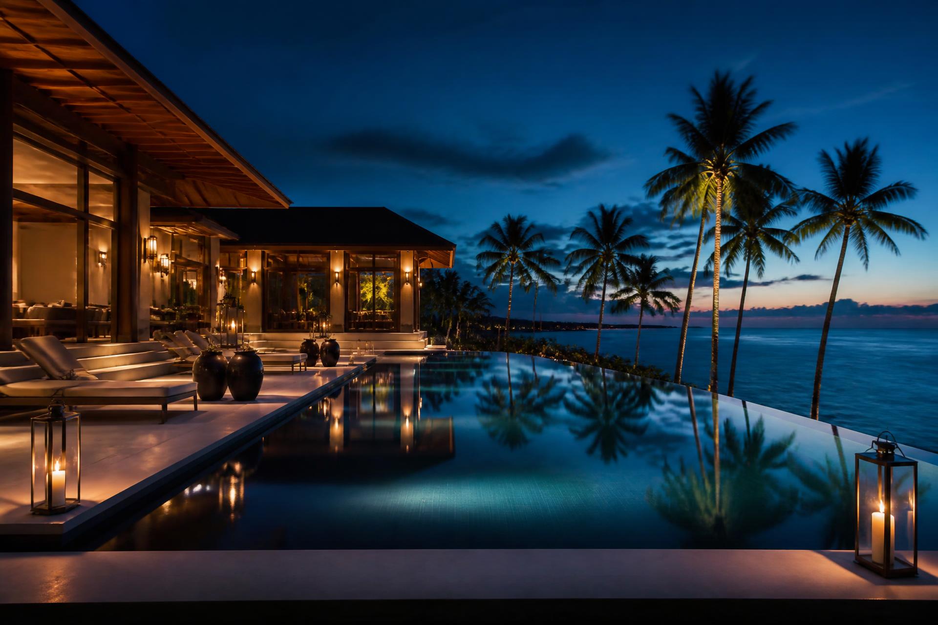Luxury resort at dusk with an infinity pool overlooking the ocean